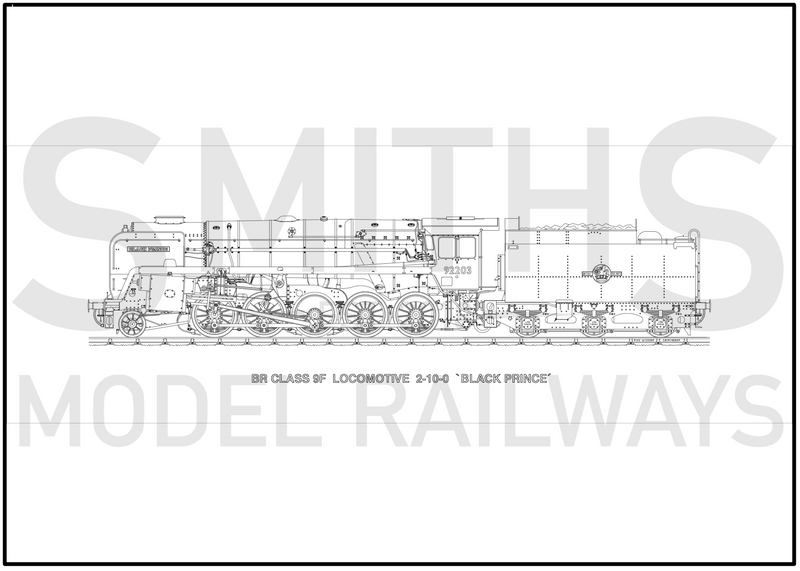 Lined Drawing (3A) BR Class 9F Locomotive 92203 Black Prince 594 x 209mm