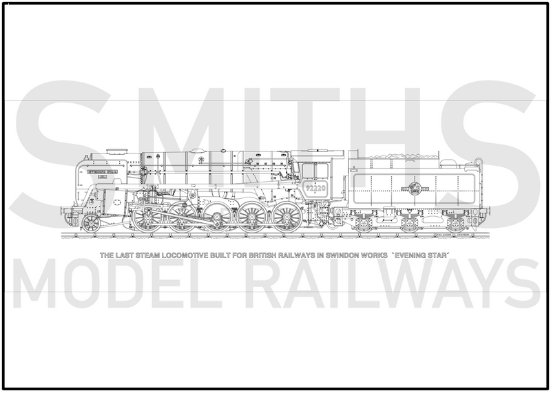Lined Drawing (4A) BR Class 9F Locomotive 92220 Evening Star 594 x 209mm